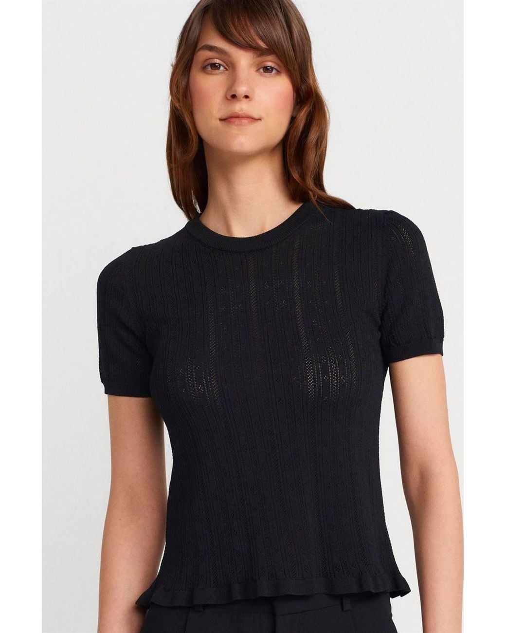 Dilvin Black Textured Ribbed Short-Sleeve Blouse