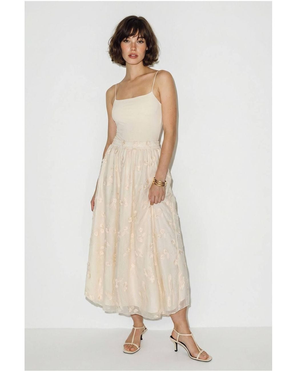 Bianco Lucci White Embroidered High-Waist Midi A-Line Skirt
