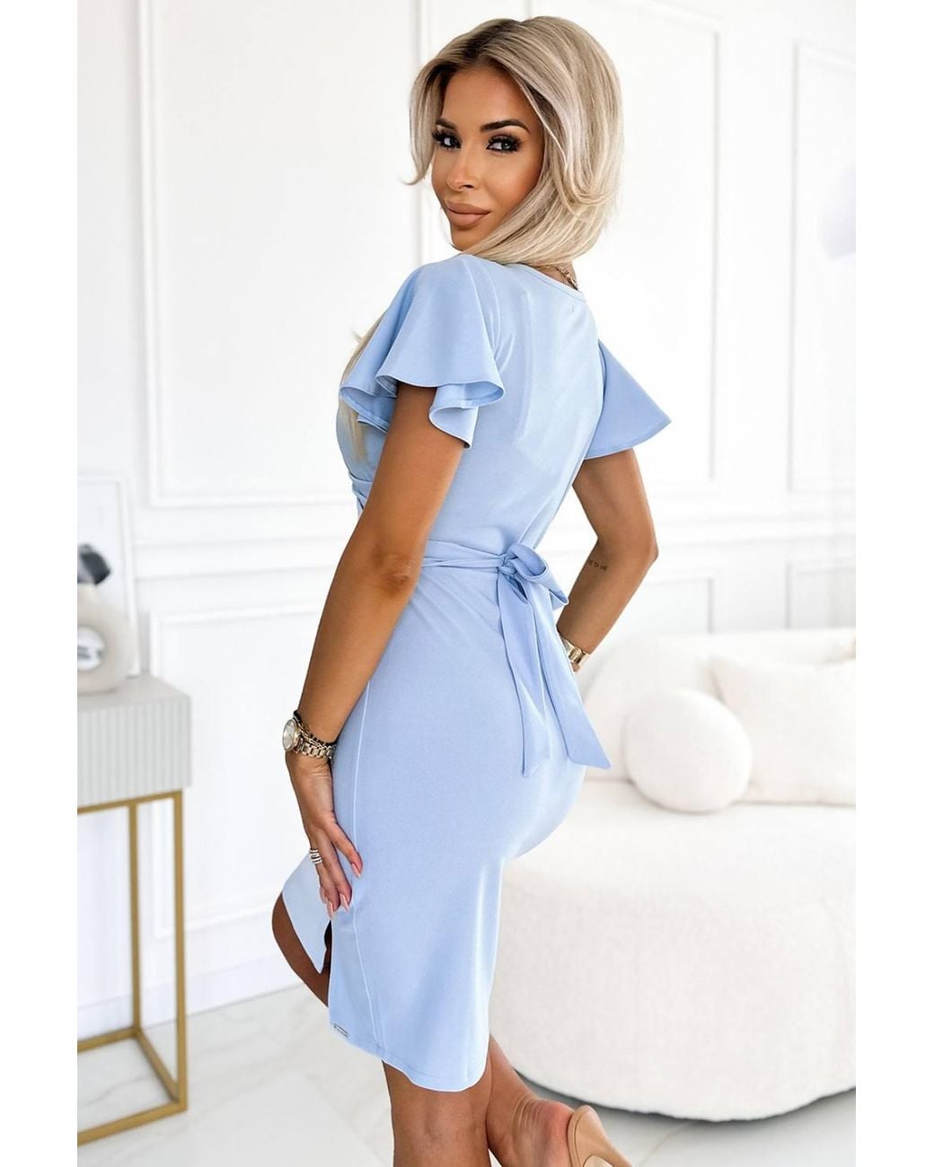 KDMD Blue Wrap Cocktail Dress With Belt Slit
