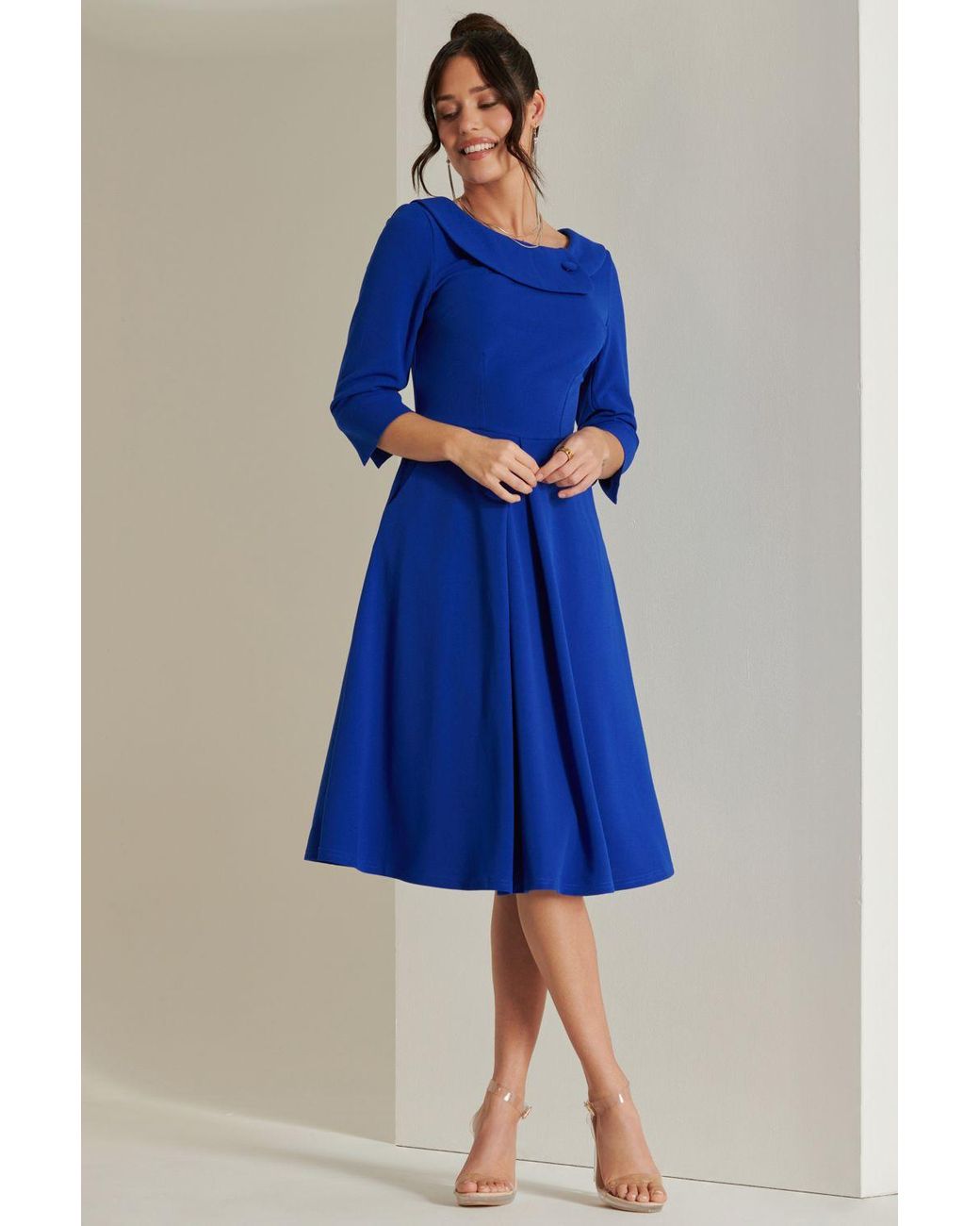 Jolie Moi Blue Fold Neckline Sleeved Midi Dress