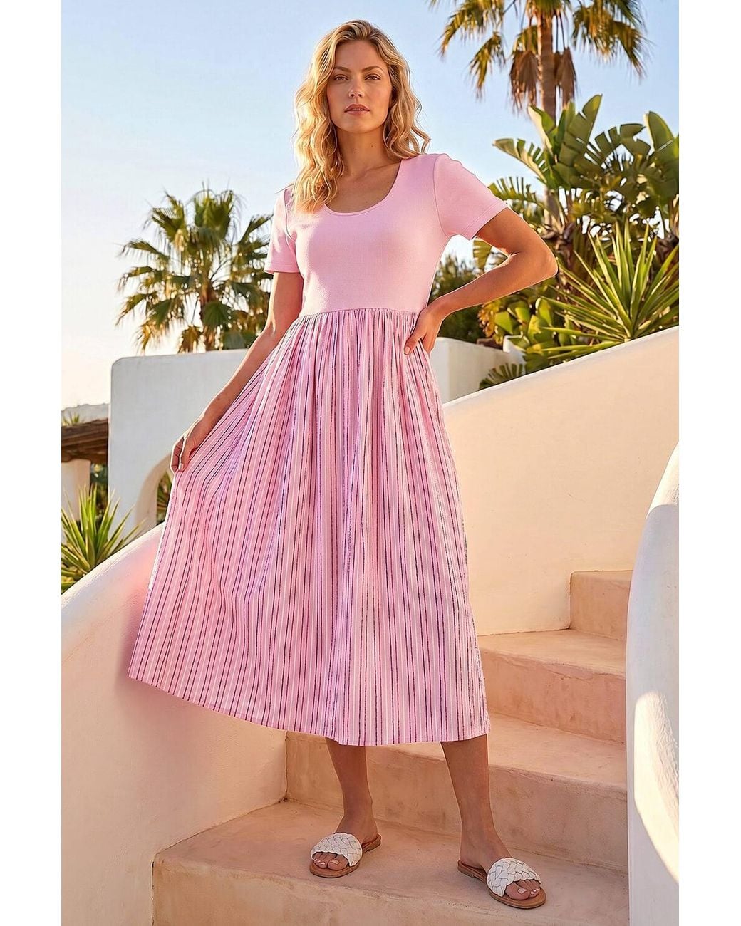 Roman Pink Textured Stripe Midi Dress