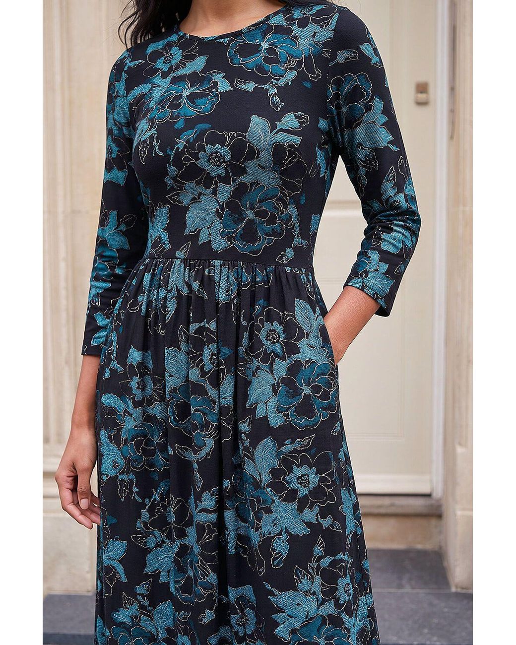 Roman Blue Floral Print Gathered Stretch Midi Dress