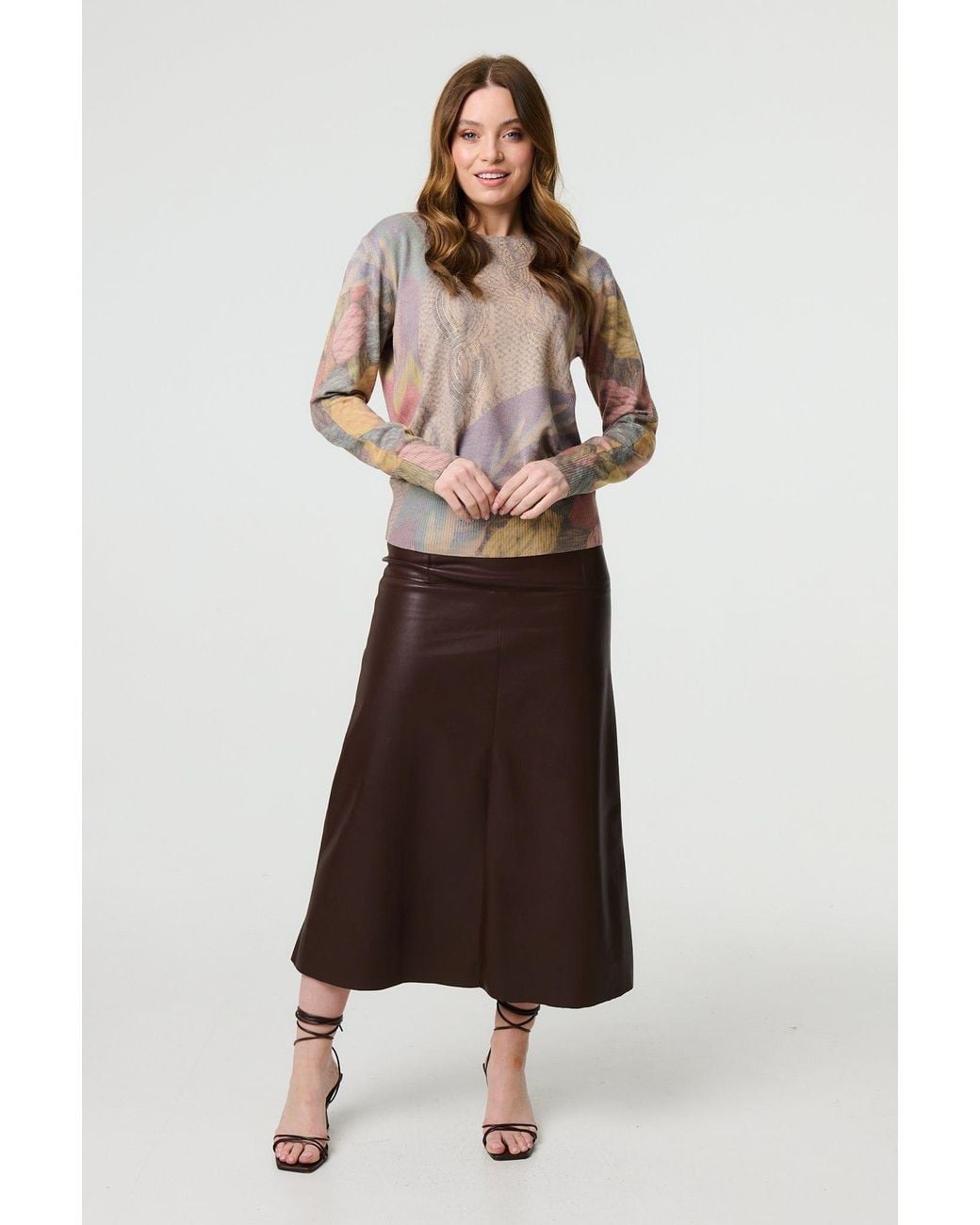 Izabel London Brown Abstract Long Sleeve Round Neck Knit Top