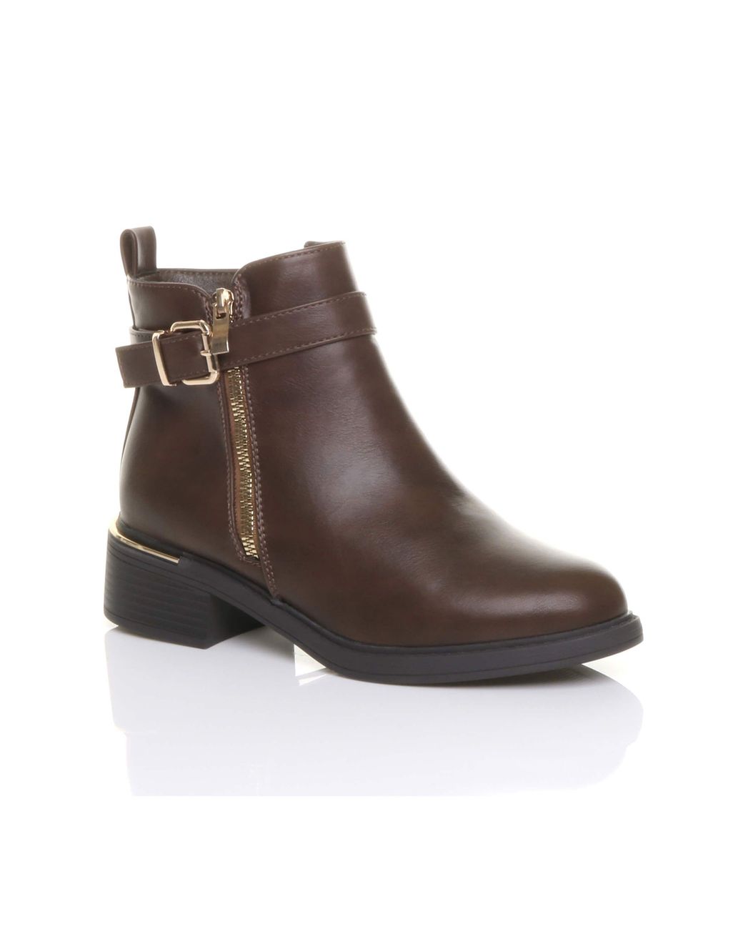 AJVANI Brown Low Heel Zip Chunky Sole Buckle Ankle Boots