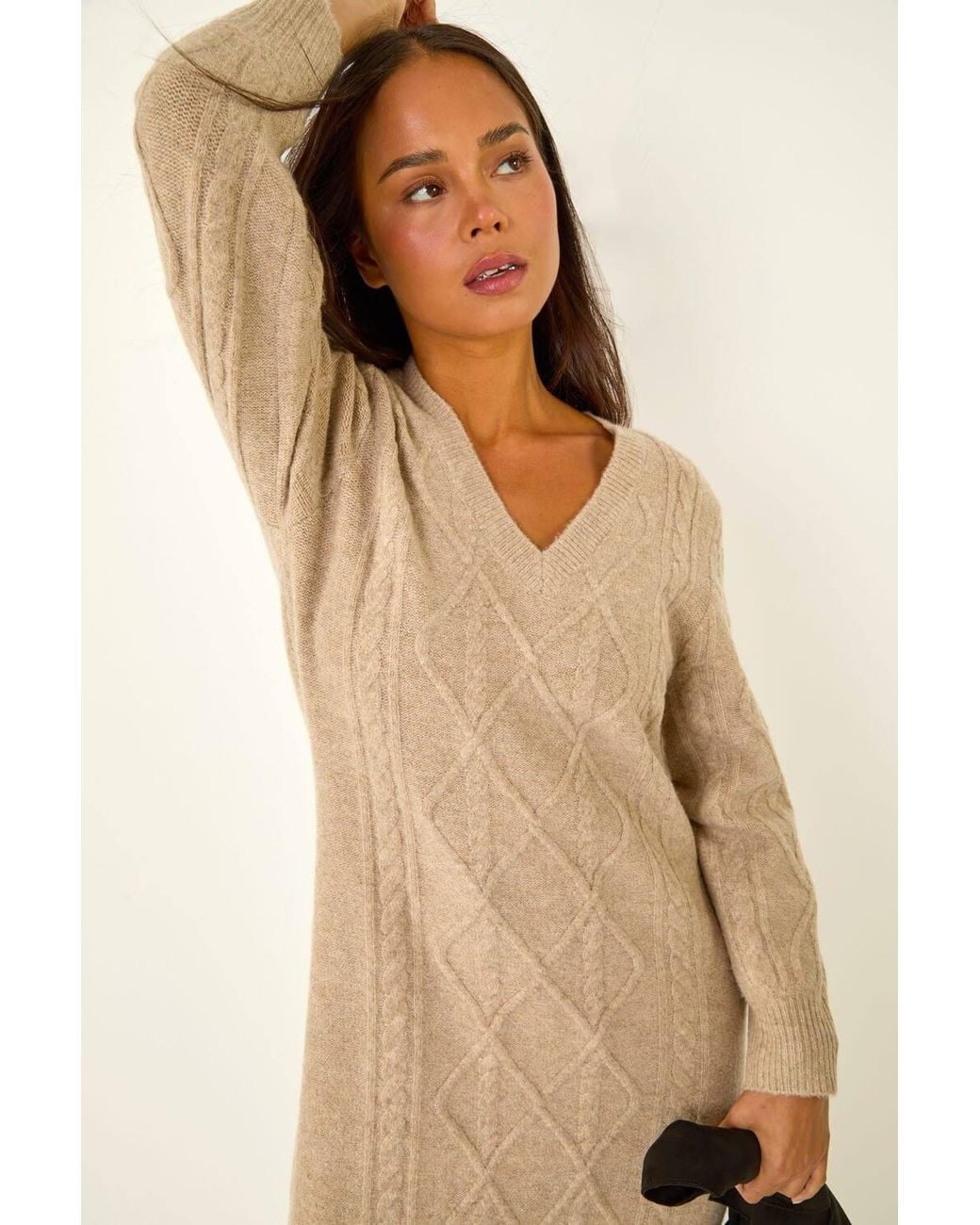 Roman Natural Petite V-Neck Knit Midi Dress