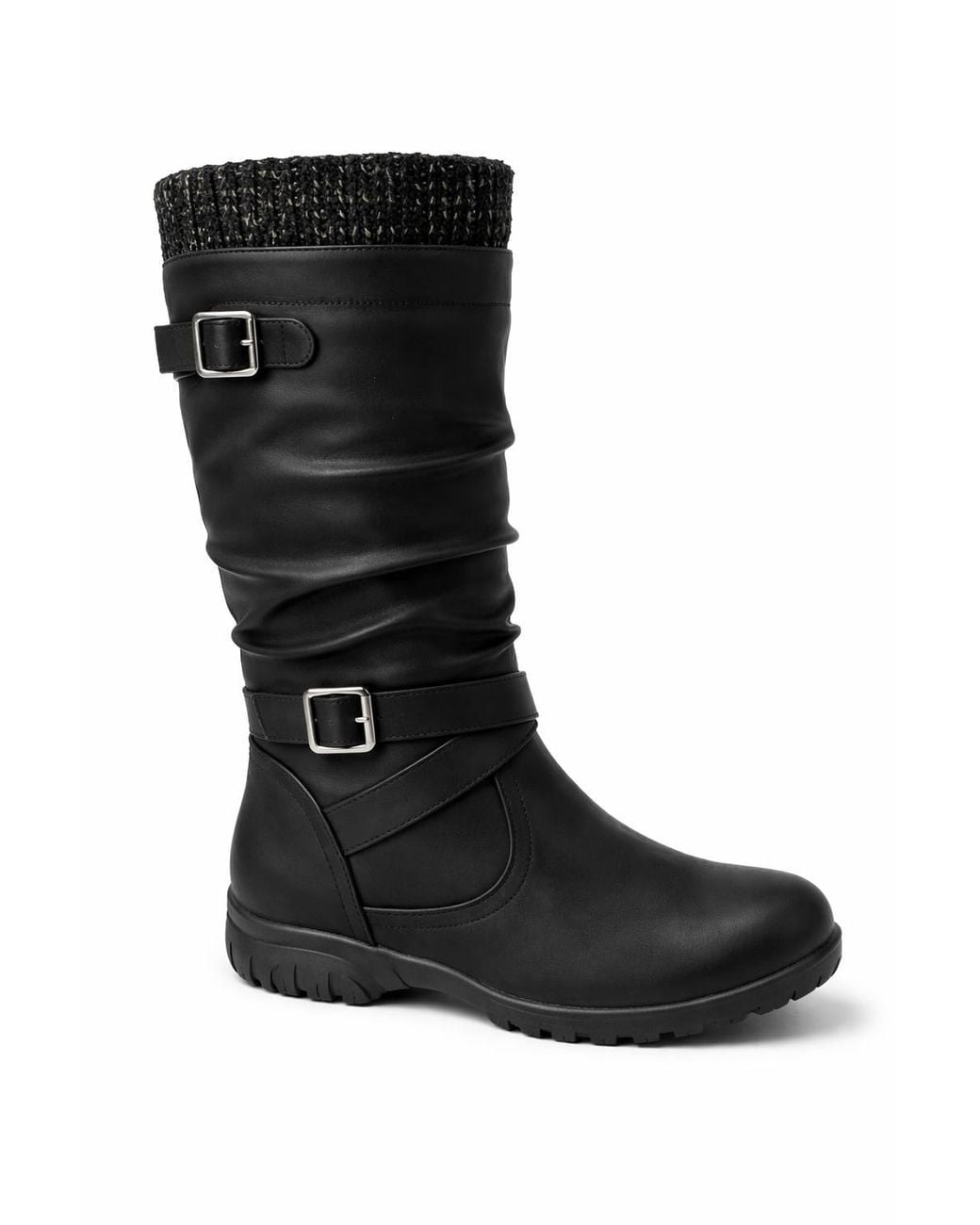 Spot on Black Mid Calf Buckle Detail Winter Boot With Knit Trim