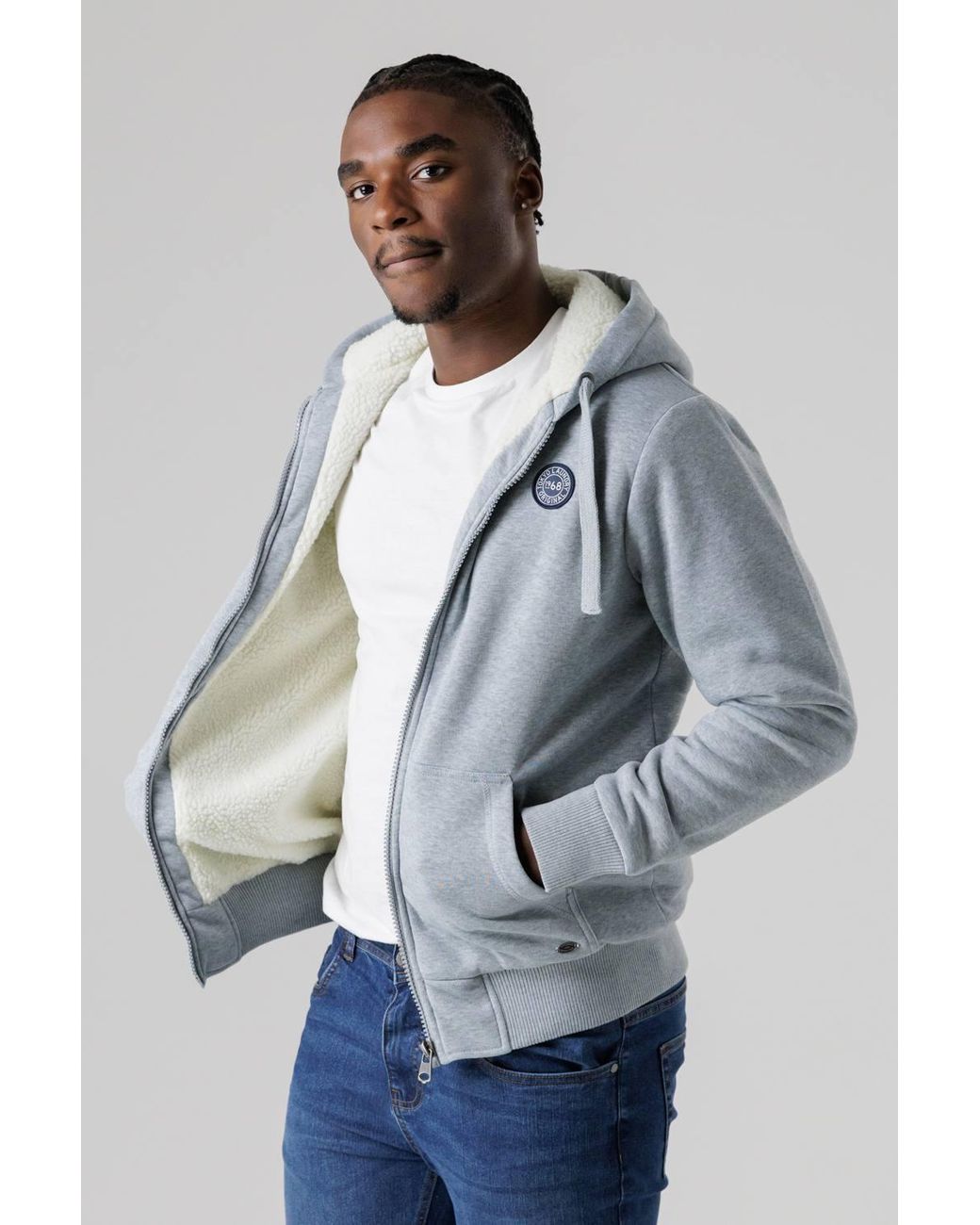 Tokyo Laundry Blue Brushed Back Fleece Zip-Through Hoody With Borg Lining for men