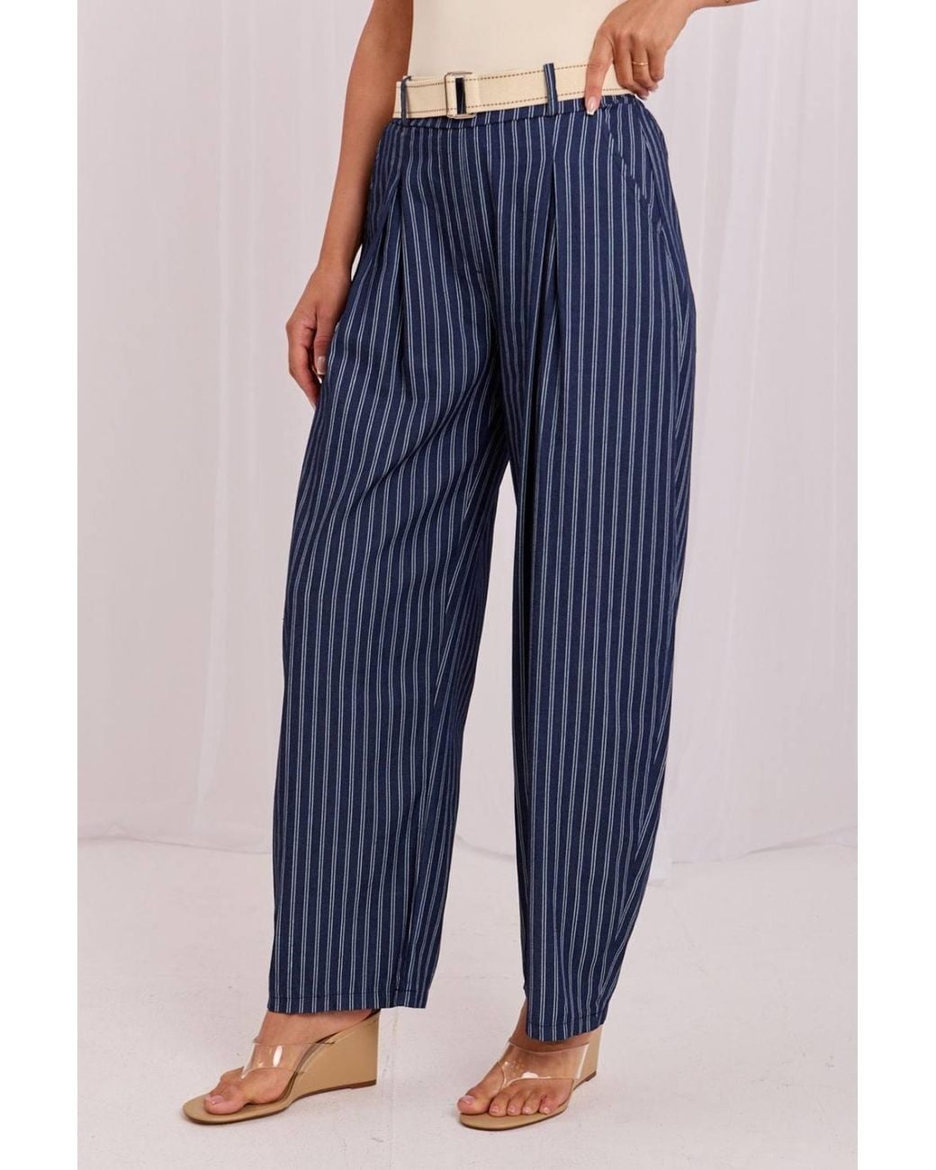 Love Lace Blue Cotton High Waisted Tapered Trousers