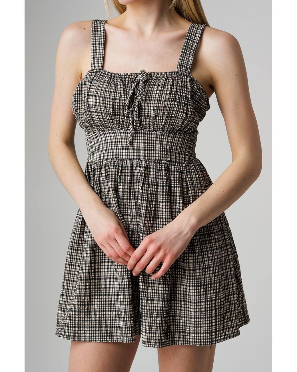 Wednesday's Girl Gray Check Ruffle Detail Tie Front Mini Cami Dress