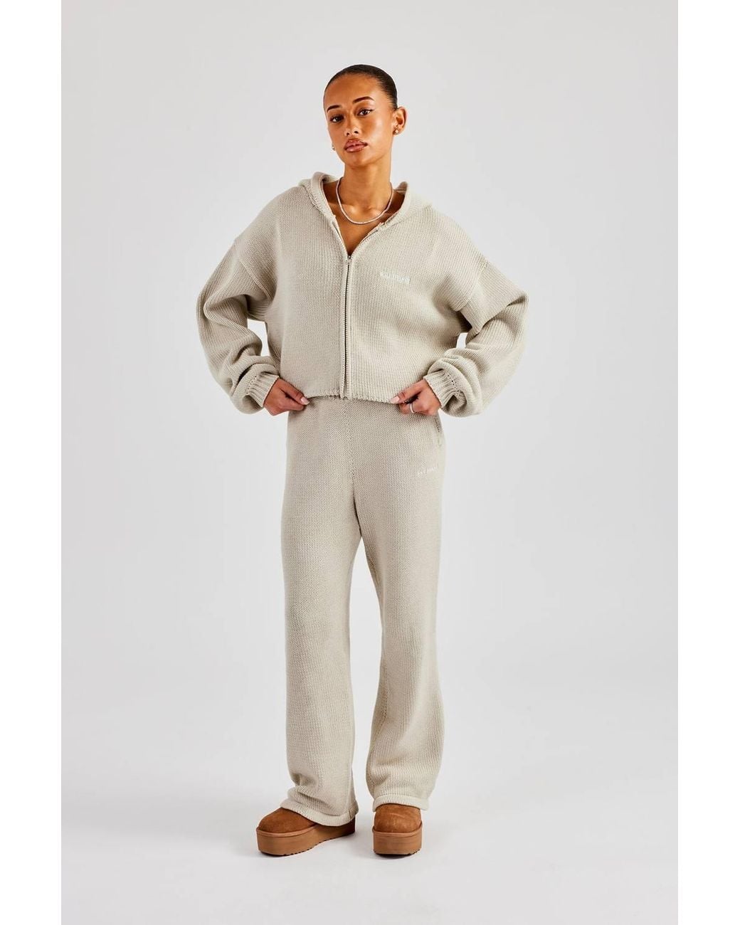 CERNUCCI Natural Knitted Embroidered Wide Leg Jogger