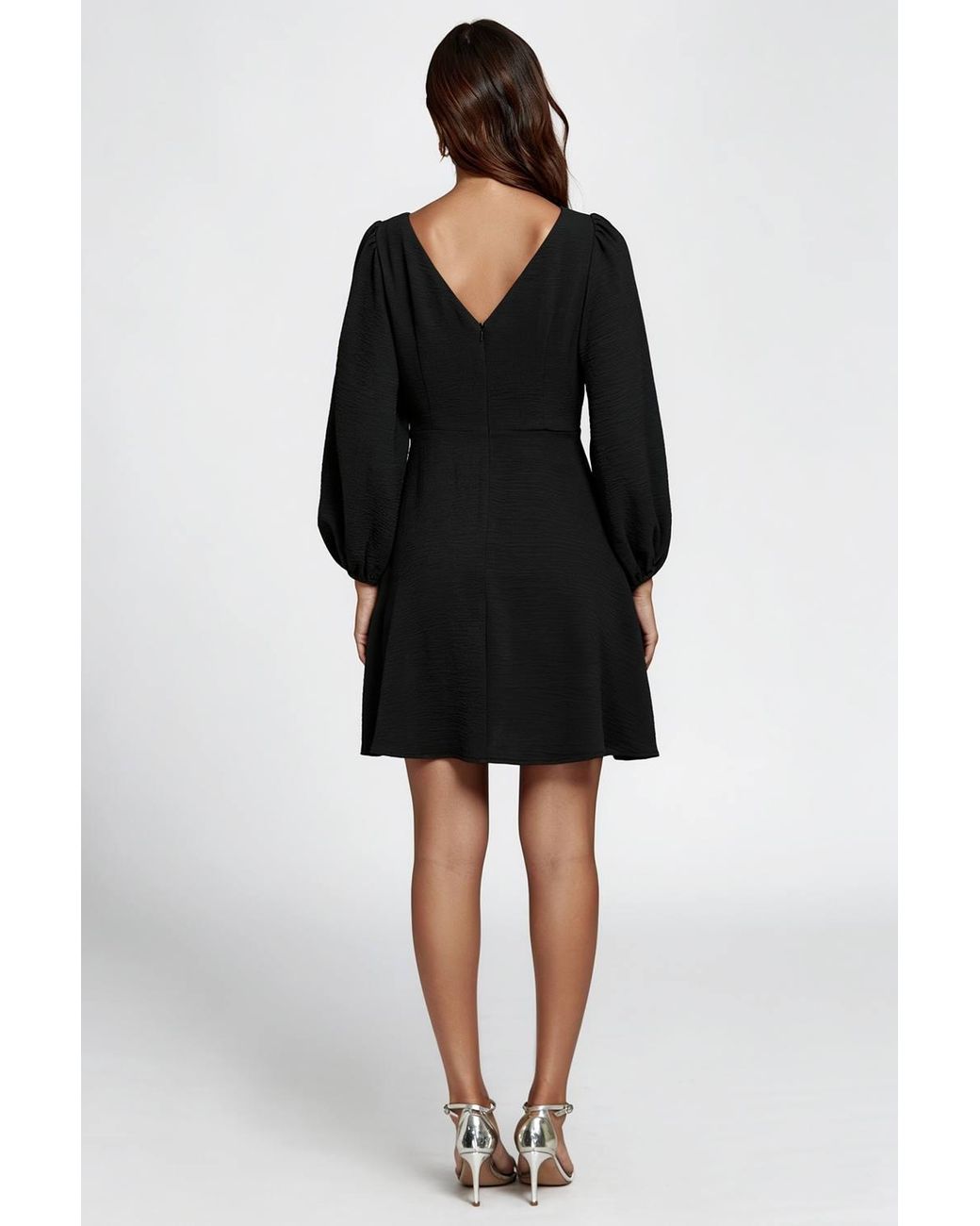 FS Collection Black Long Sleeve Back V Neck Skater Mini Dress