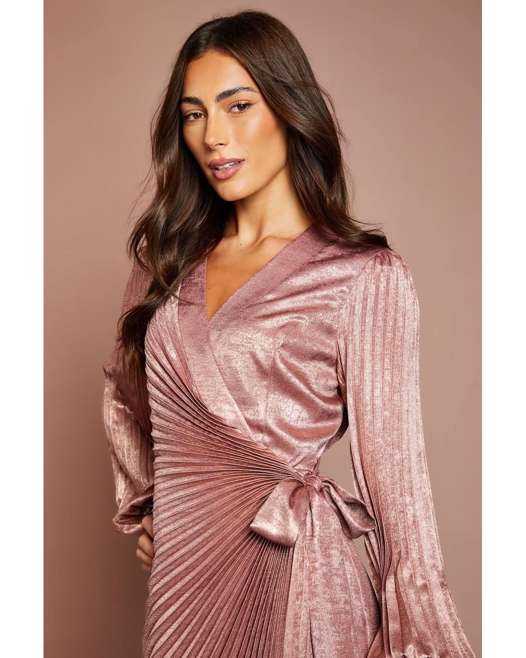Coast Brown Metallic Blouson Sleeve Tie Wrap Pleated Midi Dress