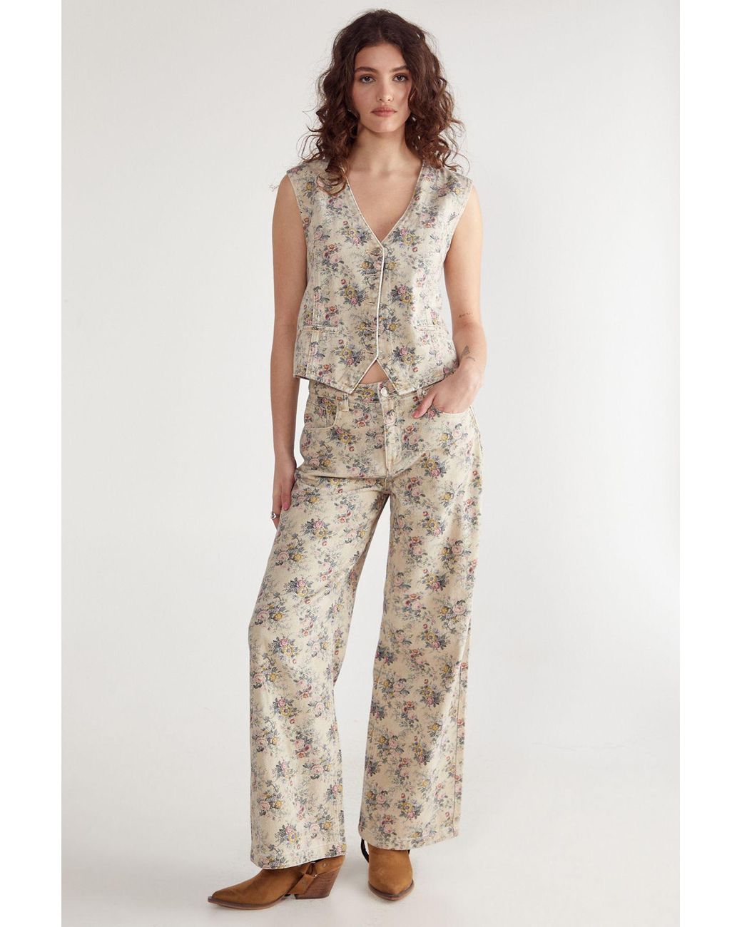 Nasty Gal Natural Floral Printed Denim Waistcoat
