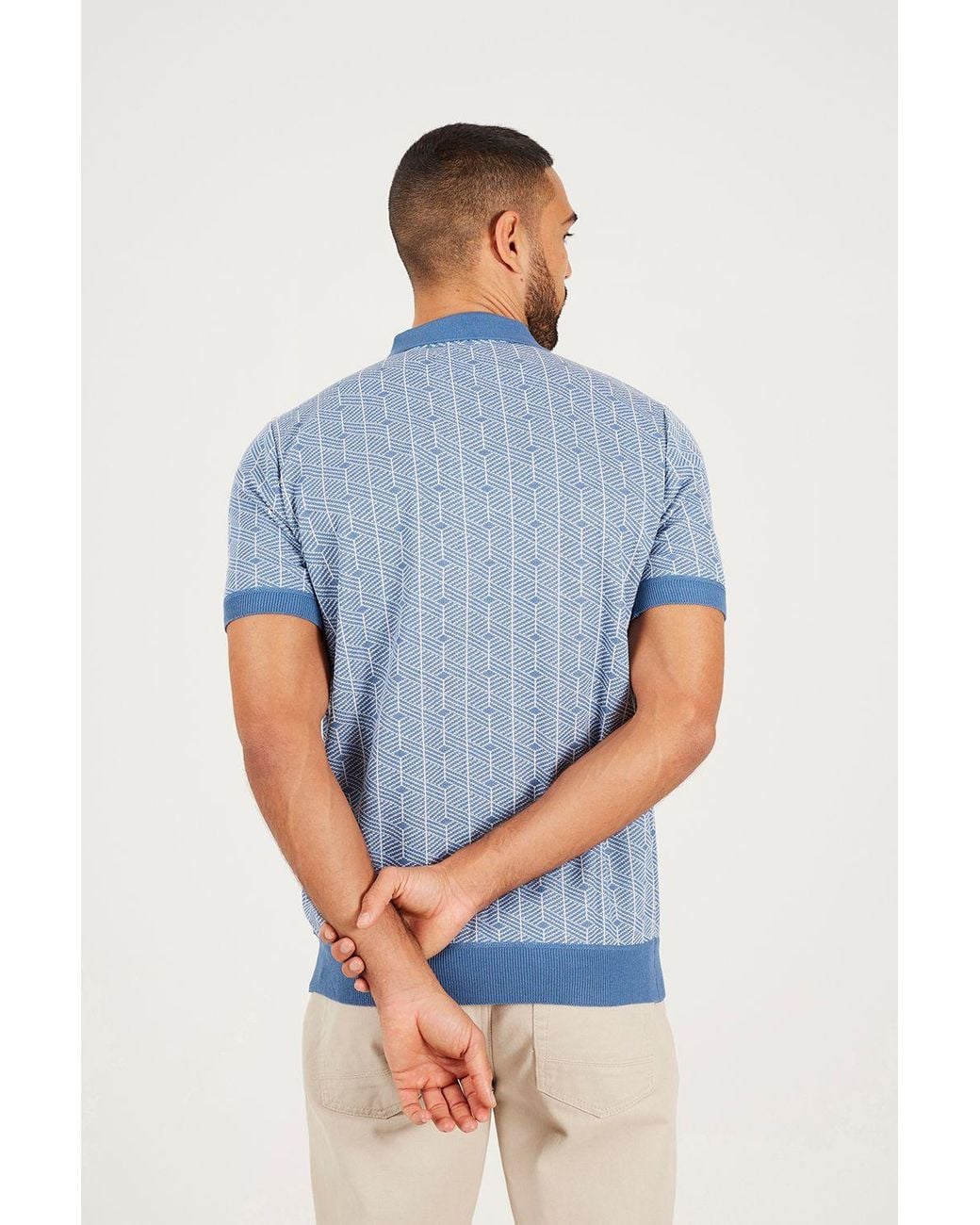 Brave Soul Blue Short Sleeve Jaquard Knitted Polo Shirt for men