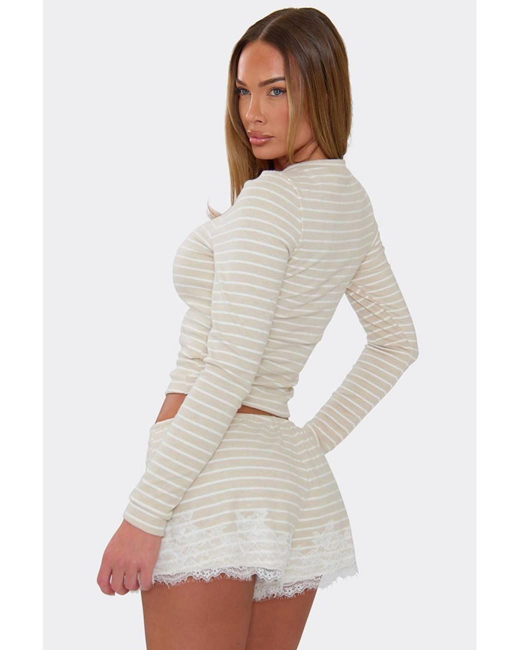 EGO White Fitted Long Sleeve High Neck Striped Top