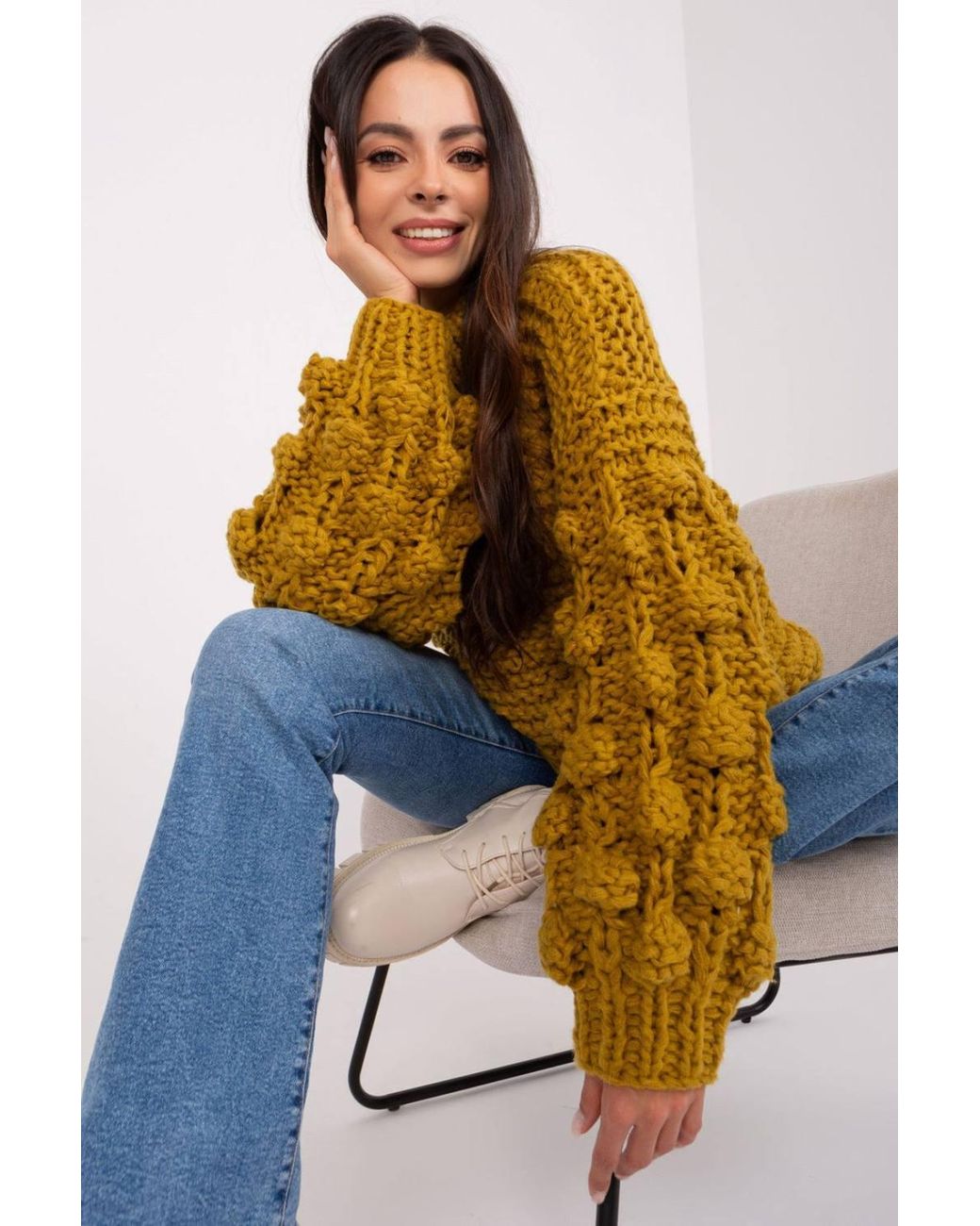 Love Lace Yellow Soft Polyester Puff Sleeve Round Neck Sweater Style 186593