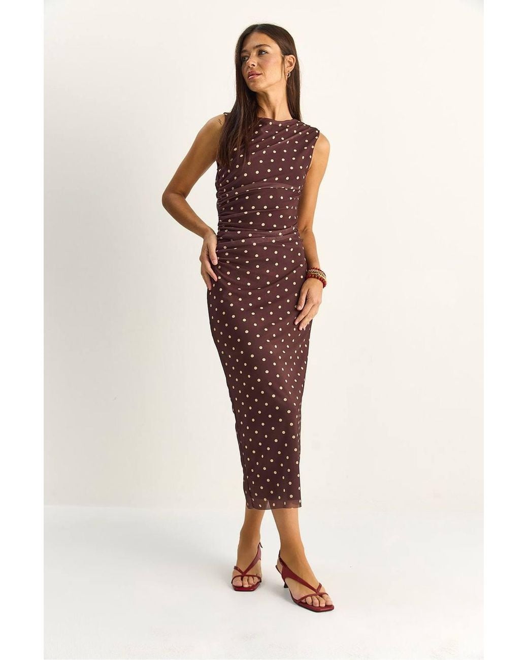 Bianco Lucci Brown Polka Dot Bodycon Midi Dress