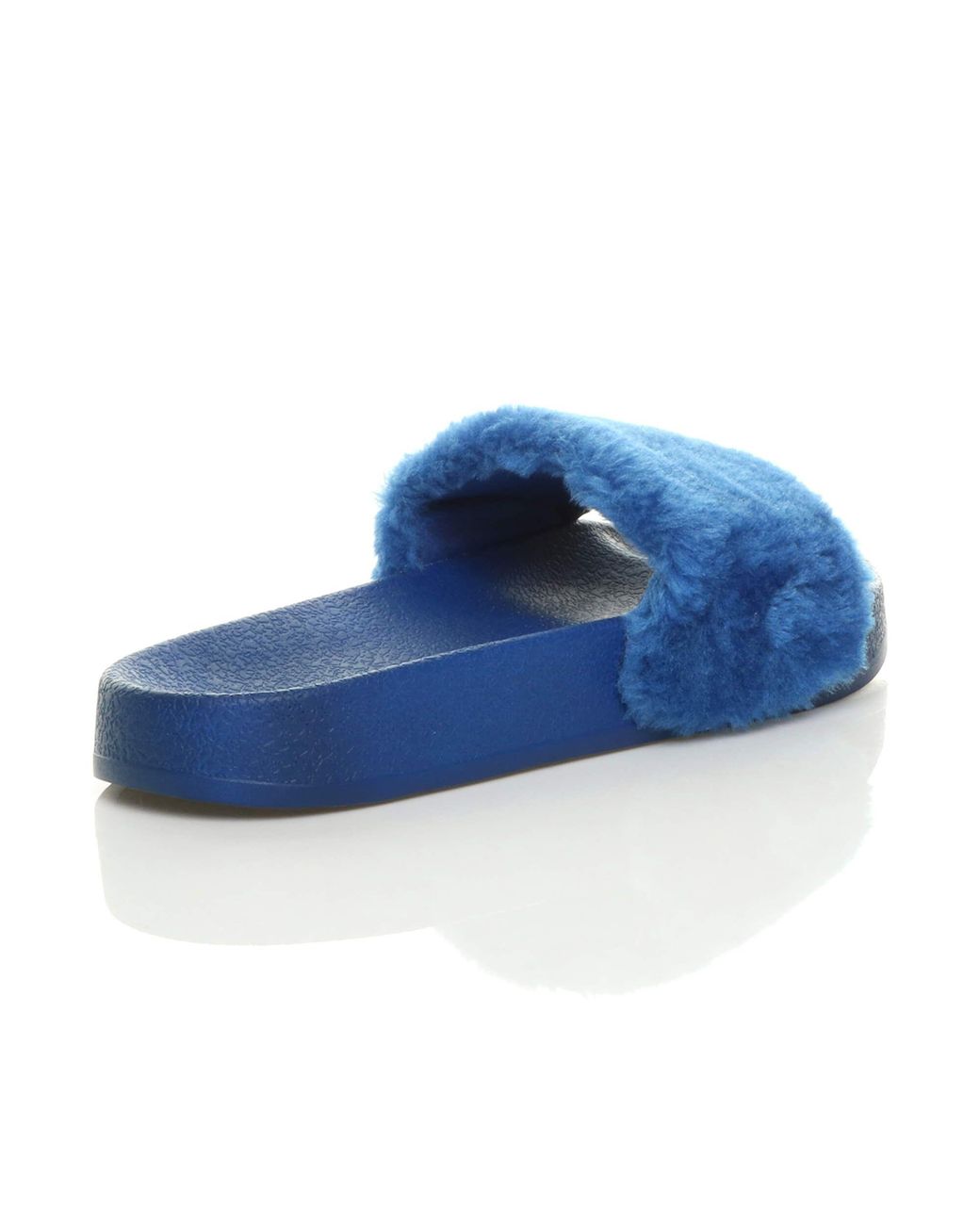 AJVANI Blue Flat Heel Faux Fur Flip Flop Sandals Sliders