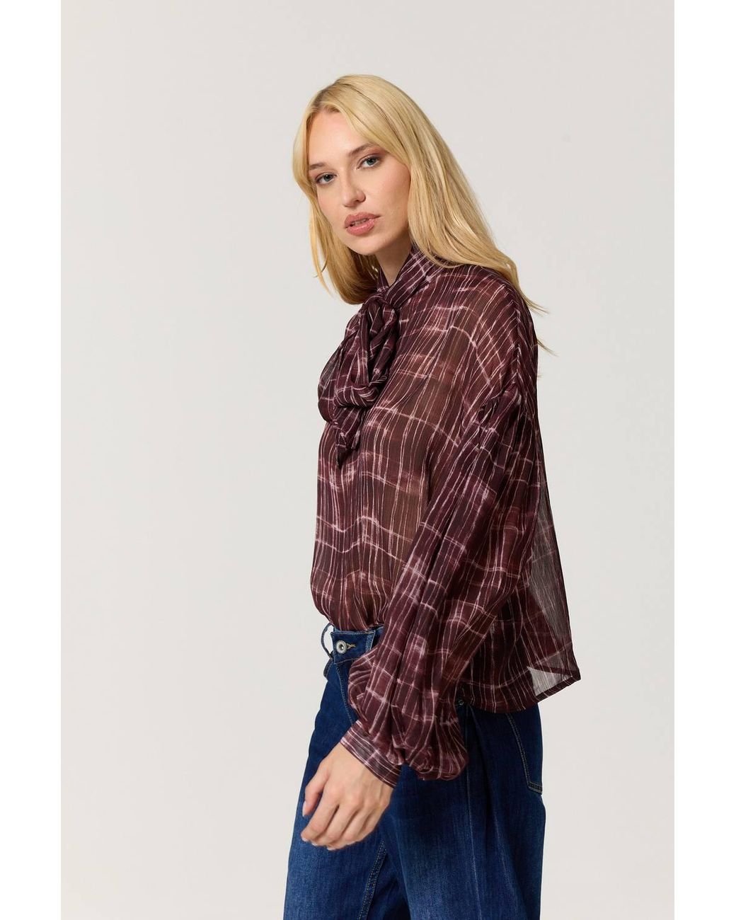 Liquorish Red Check Tie Neck Blouse