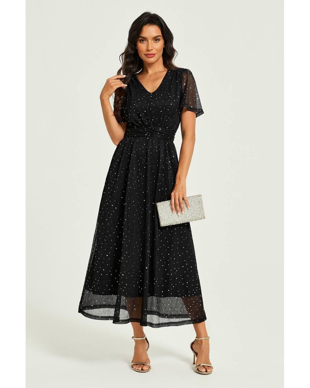 FS Collection Black Sequin Pleated Ruched Waist Midi Dress