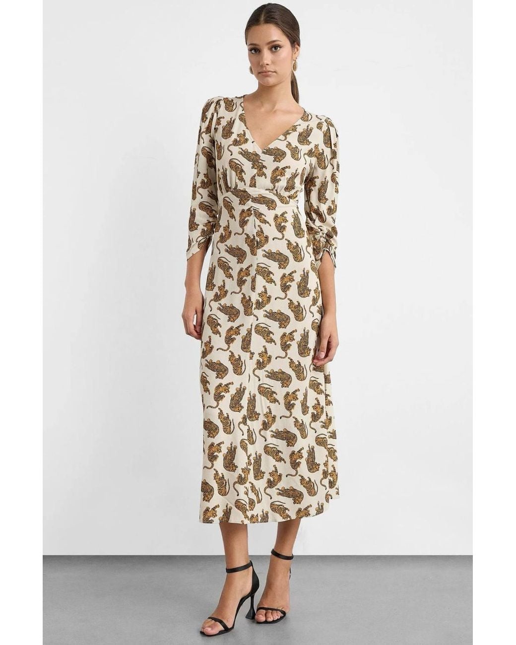 Hiccup Metallic Printed Maxi Dress With V-Neck & Ruched Back