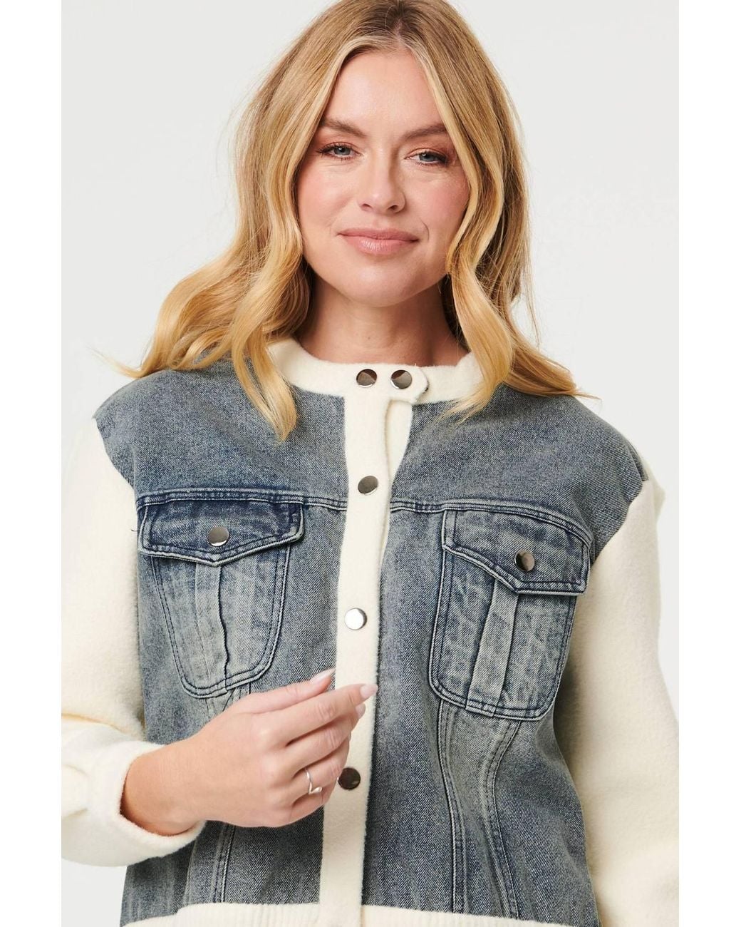 Izabel London Blue Denim Contrast Texture Boxy Jacket
