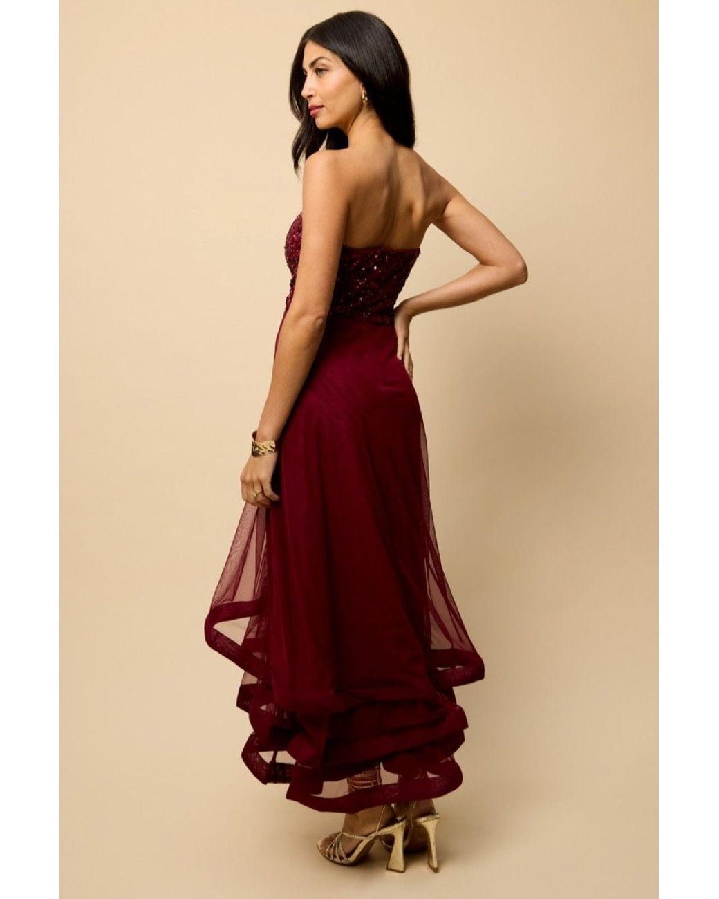 Little Mistress Red Bandeau Embellished Maxi Dress