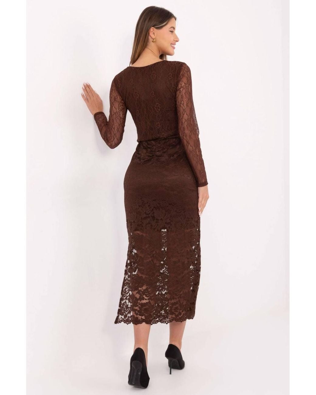 Love Lace Brown Elastic Waist Midi Lace Skirt With Front Gather