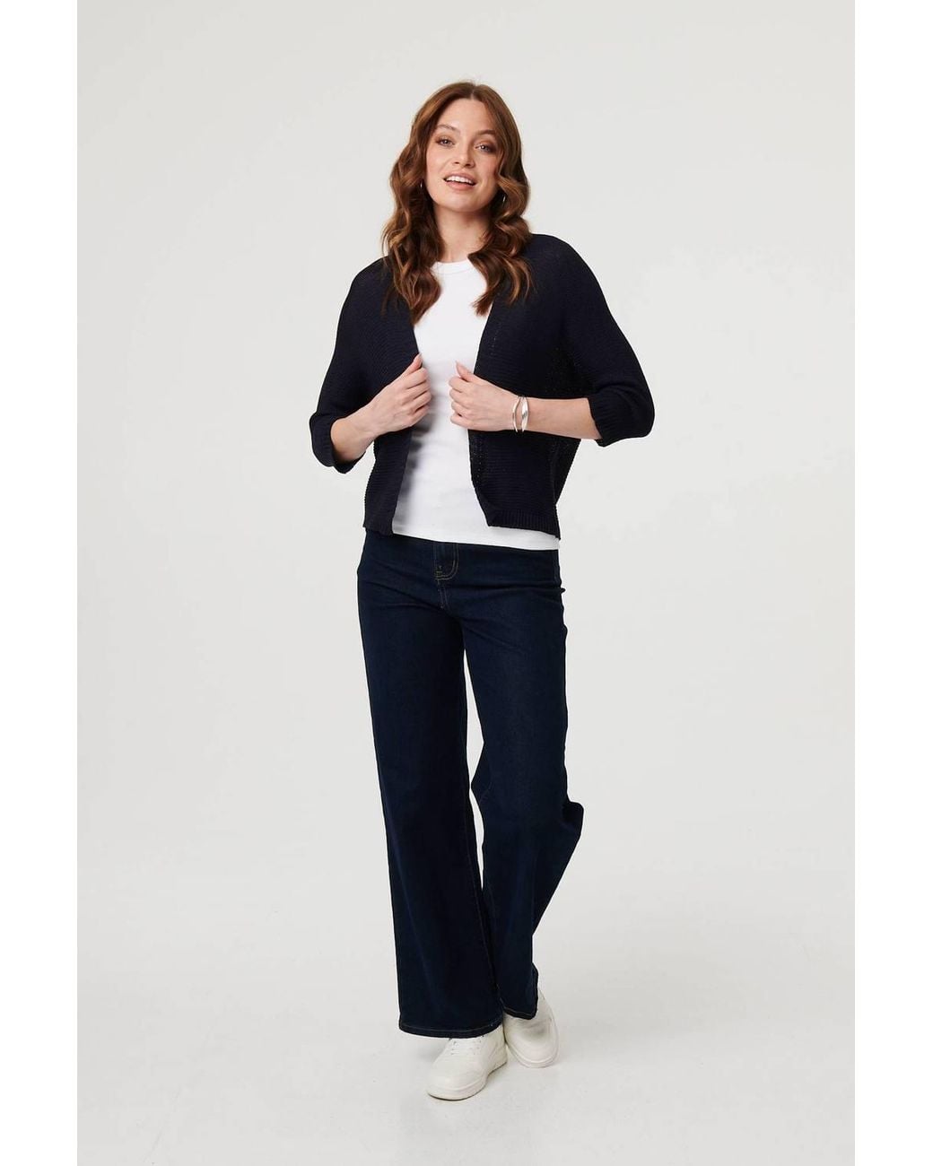 Izabel London Blue Mesh Cropped 3/4 Sleeve Open Cardigan