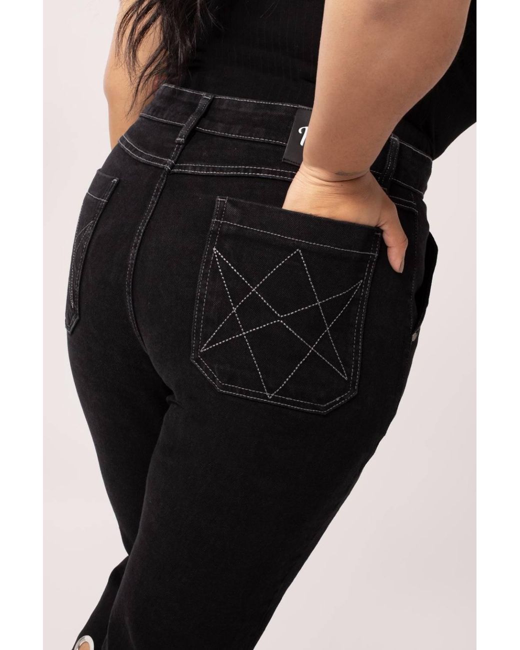 Hell Bunny Black Destroya Denim Cropped Wide Leg Jeans With Raw Hem & Eyelet Detail