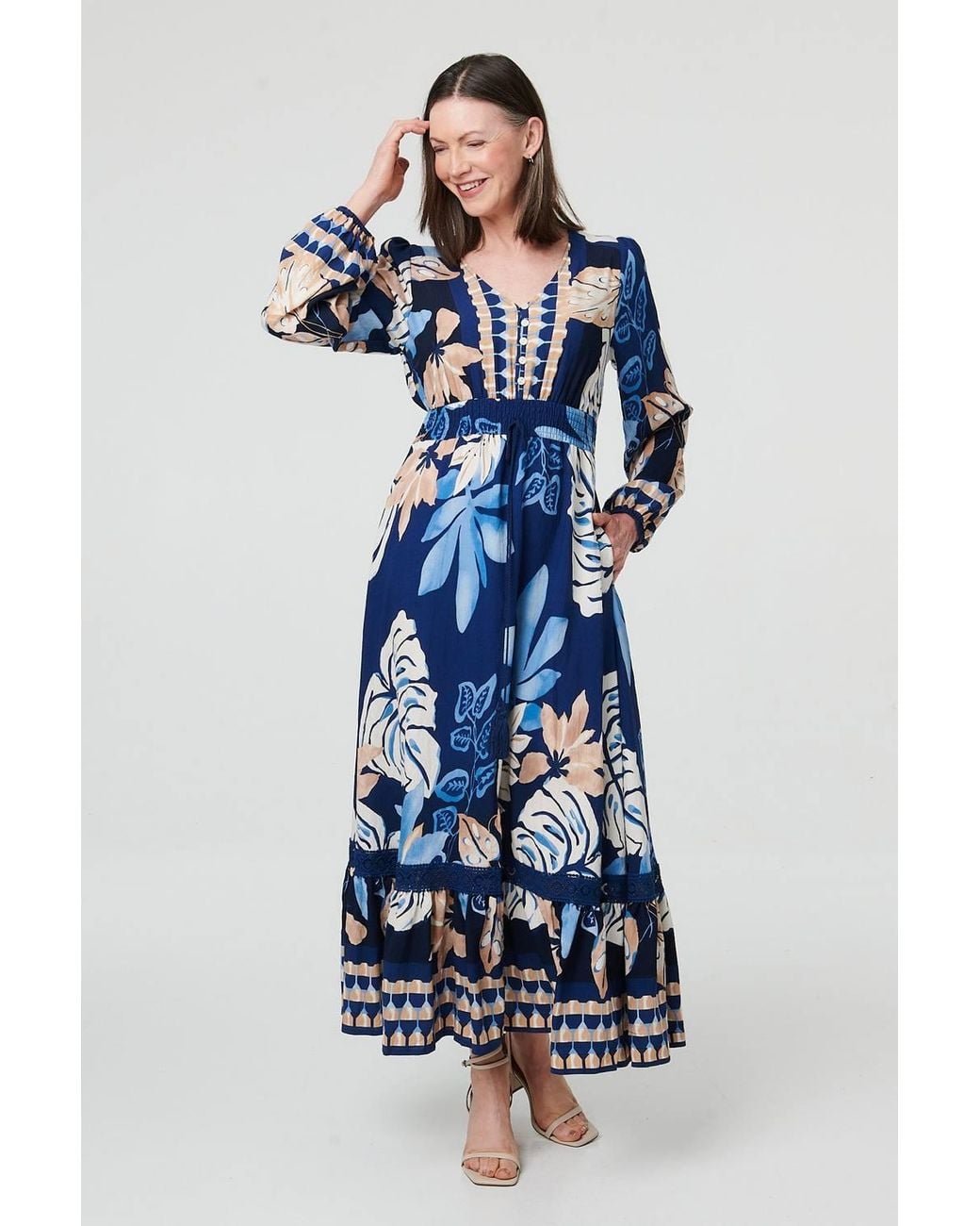 Izabel London Blue Printed Long Sleeve A-Line Maxi Dress