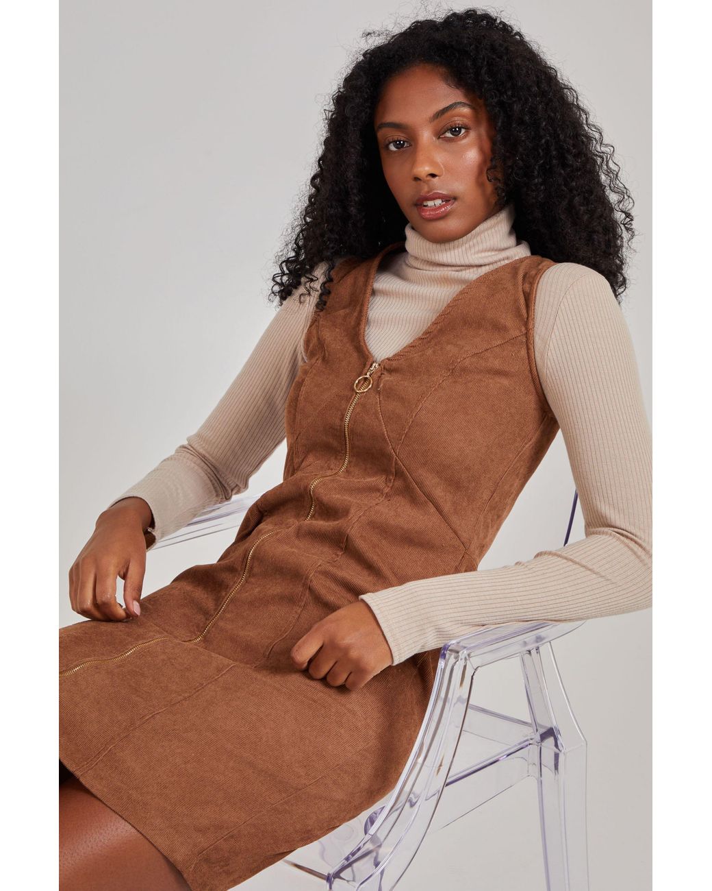 Pink Vanilla Brown Zip Through Cord Dress