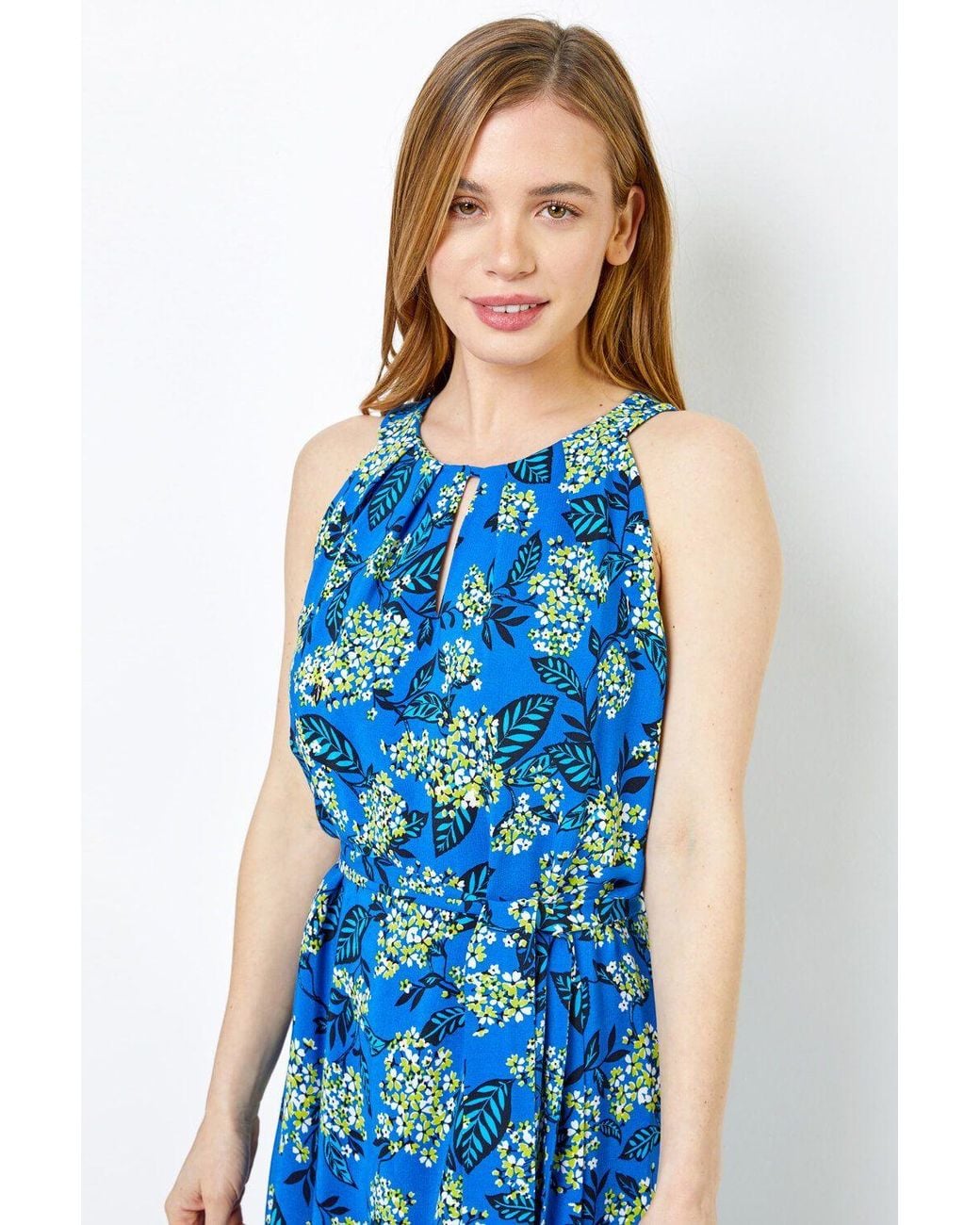 Roman Blue Petite Floral Print Halter Neck Dress