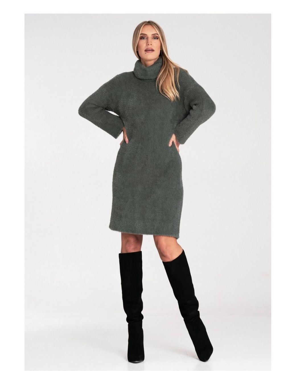 Love Lace Green Soft Fluffy Bell Sleeve Turtleneck Dress