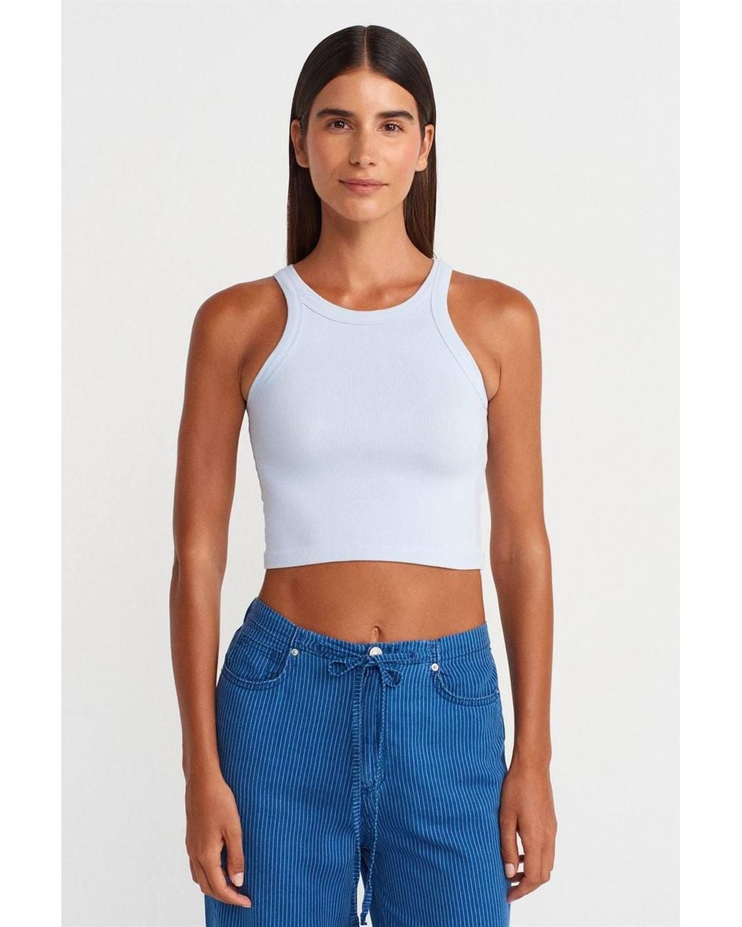 Dilvin White Ribbed Cotton-Blend Sleeveless Crop Top