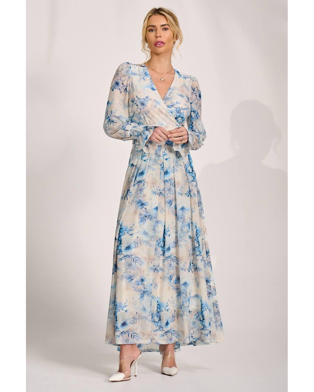 Jolie Moi Blue Long Sleeve V Neck Mesh Maxi Dress