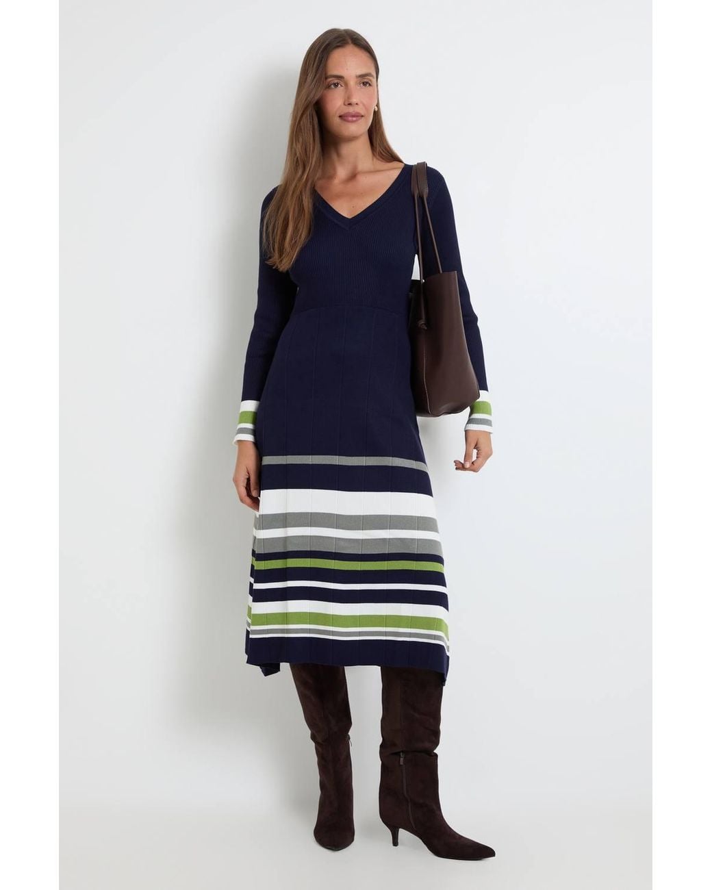 Wallis Blue Stripe Detail V Neck Pleated Skirt Knitted Midi Dress
