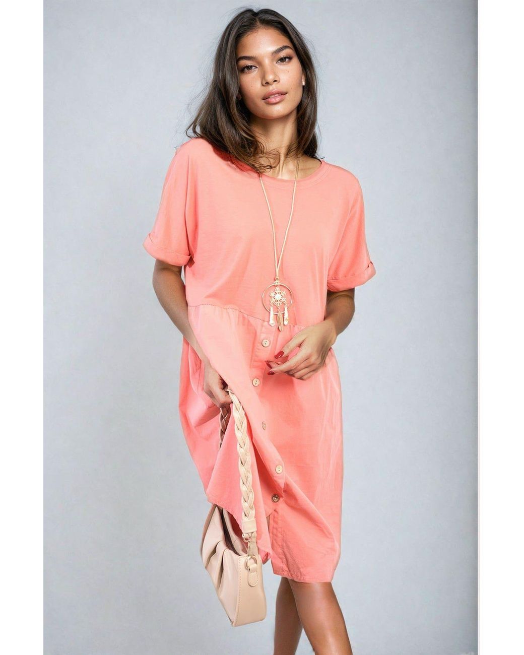 IKRUSH Pink Aileen Short Sleeve Button Front Midi Dress