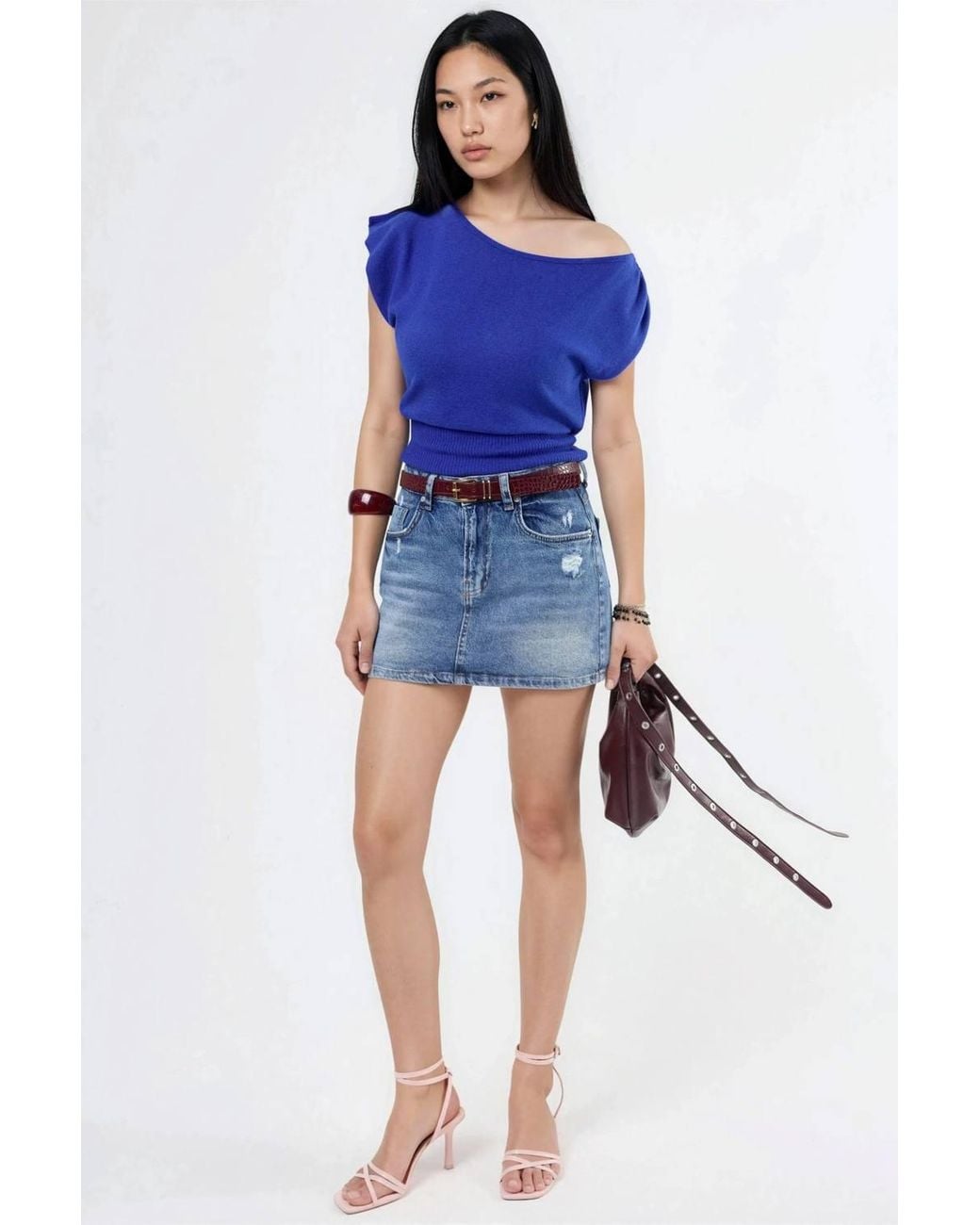 Busem Blue Boat Neck Ribbed Blouse