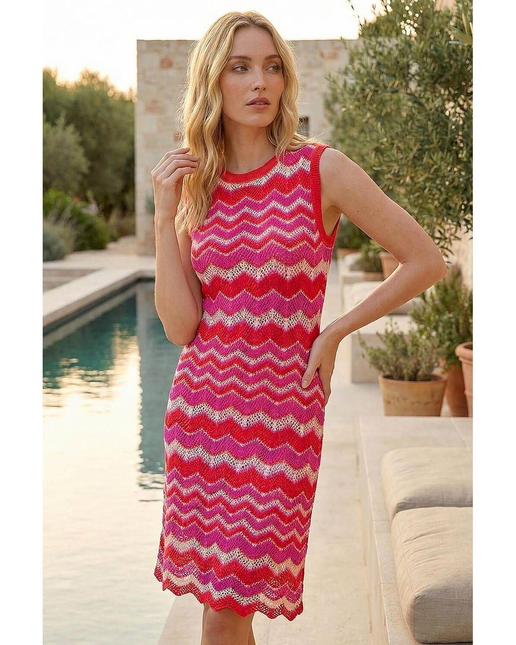 Roman Red Zig Zag Print Knitted Shift Dress