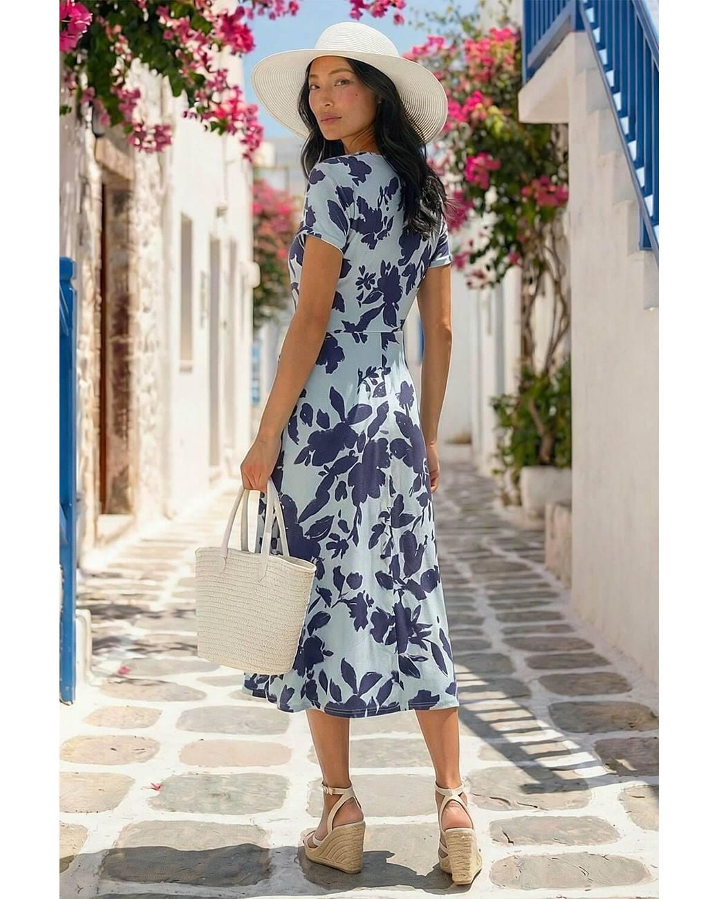 Roman Blue Petite Floral Tie Front Stretch Midi Dress