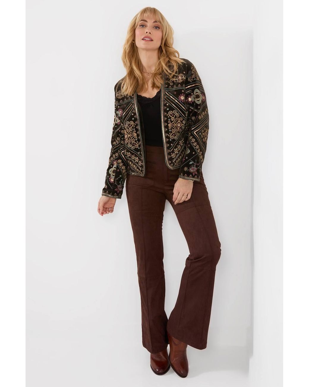 Joe Browns Brown Faux Suede Flared Trousers With Whipstitch Detail