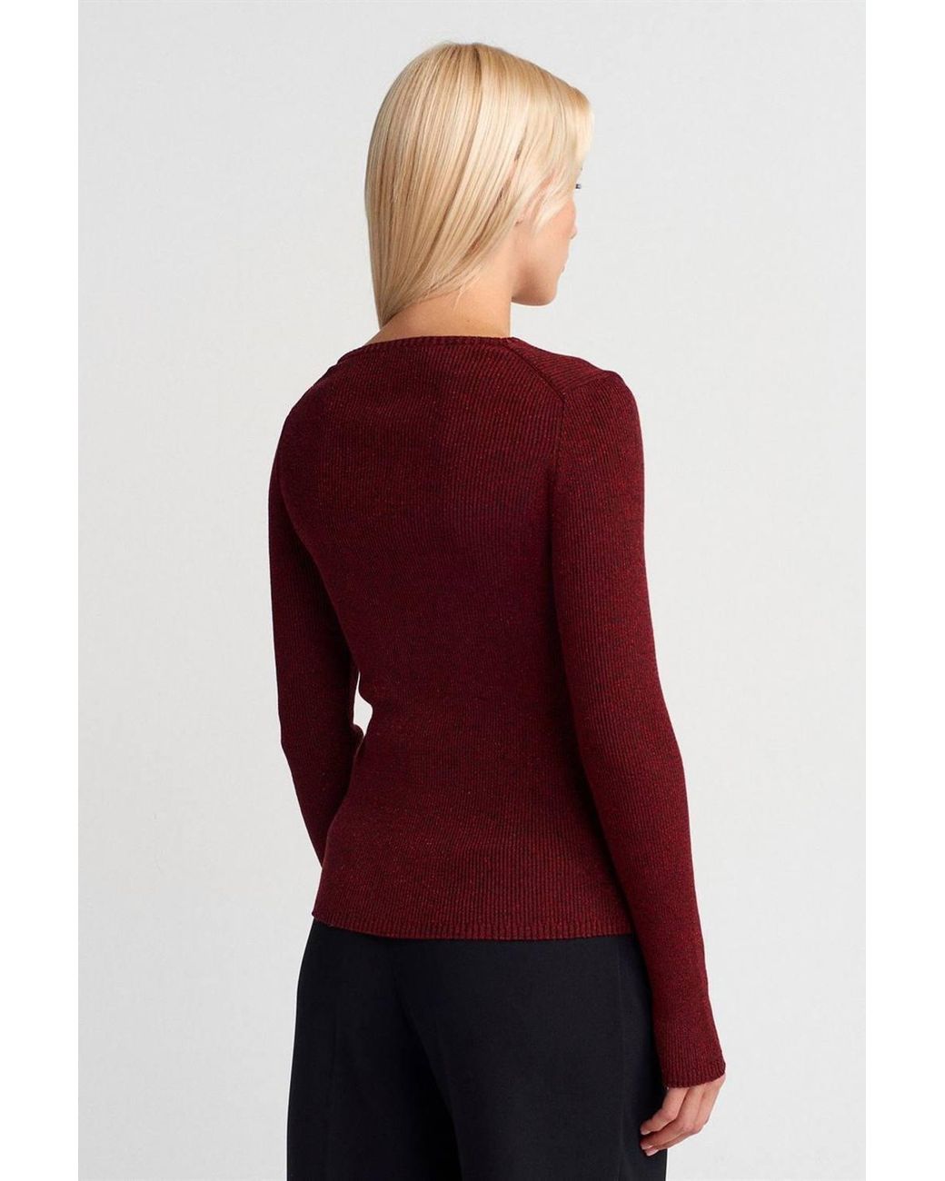 Dilvin Red Slim Fit V-Neck Ribbed Sweater