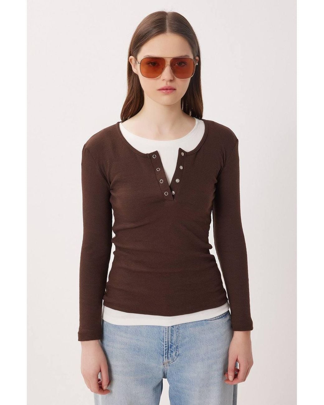 Happiness İstanbul Brown Slim Fit Ribbed Button-Up Long Sleeve Blouse