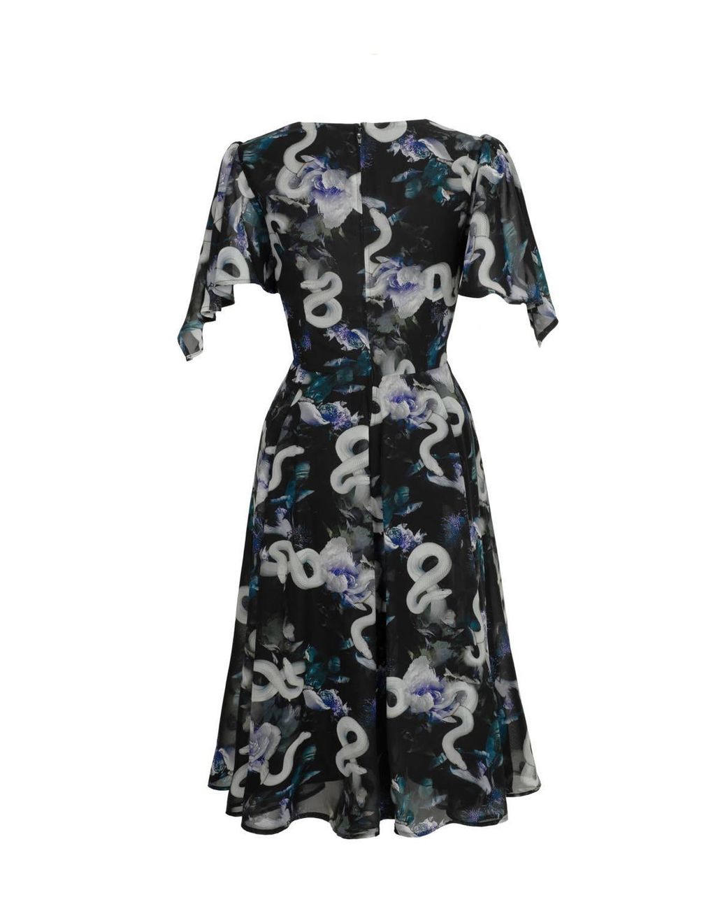 Hell Bunny Black Serpent Print Chiffon Dress With Flared Skirt & Draped Sleeves