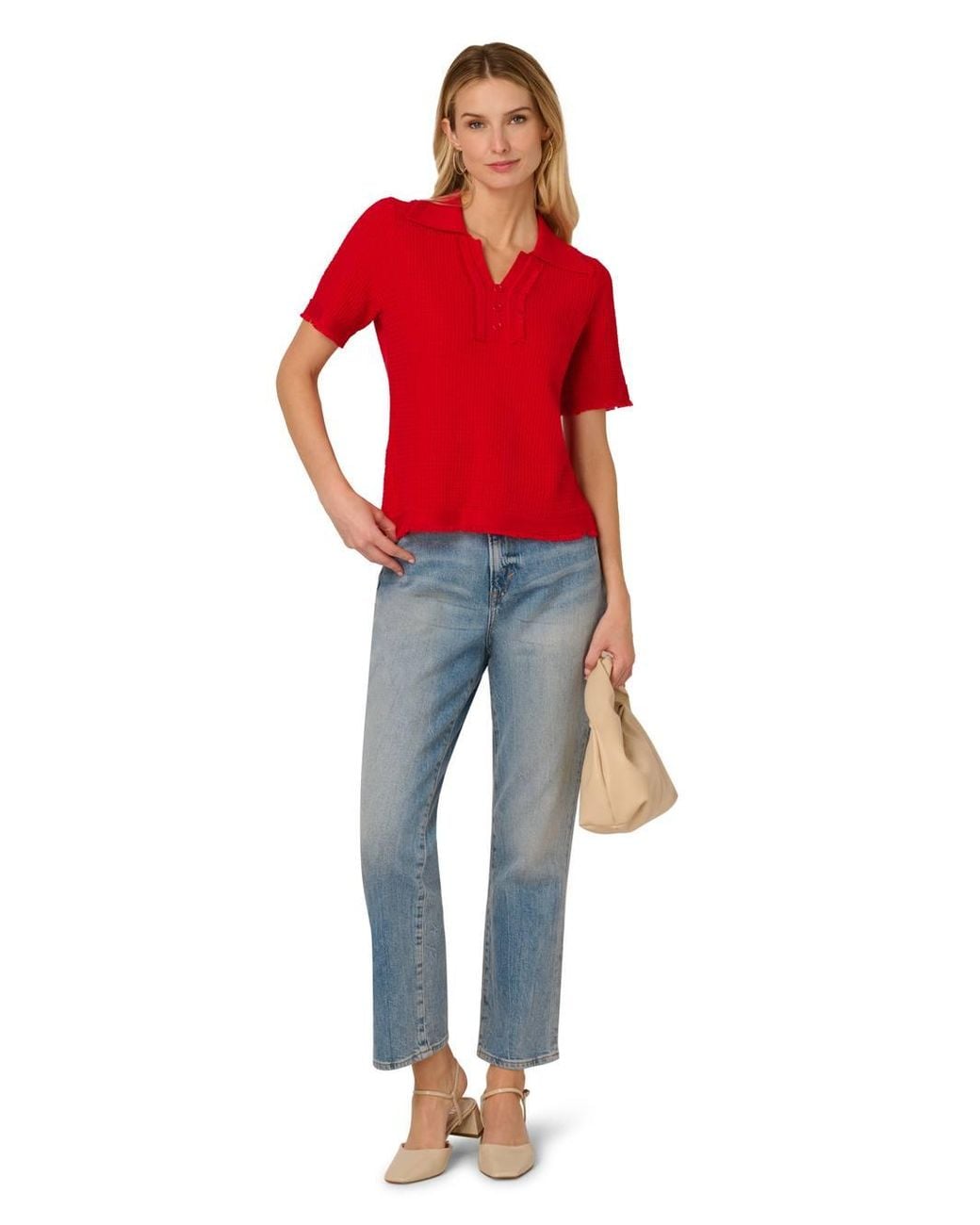 Adrianna Papell Red Short Sleeve Button Front Polo Fray Edge Sweater