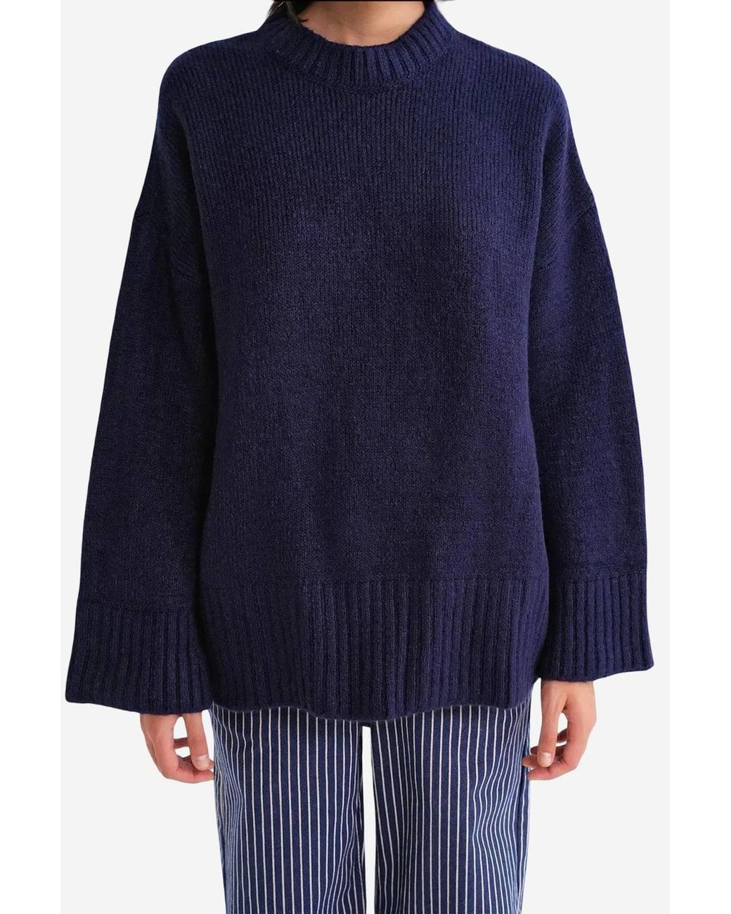 MixRay Blue Oversized Ribbed Knit Sweater With Crew Neck