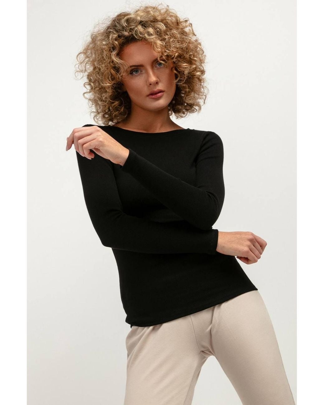 Love Lace Black Ribbed Fitted Long Sleeve Blouse