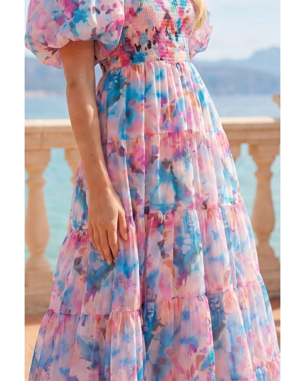 Style Cheat Blue Square Neck Puff Sleeve Midi Dress