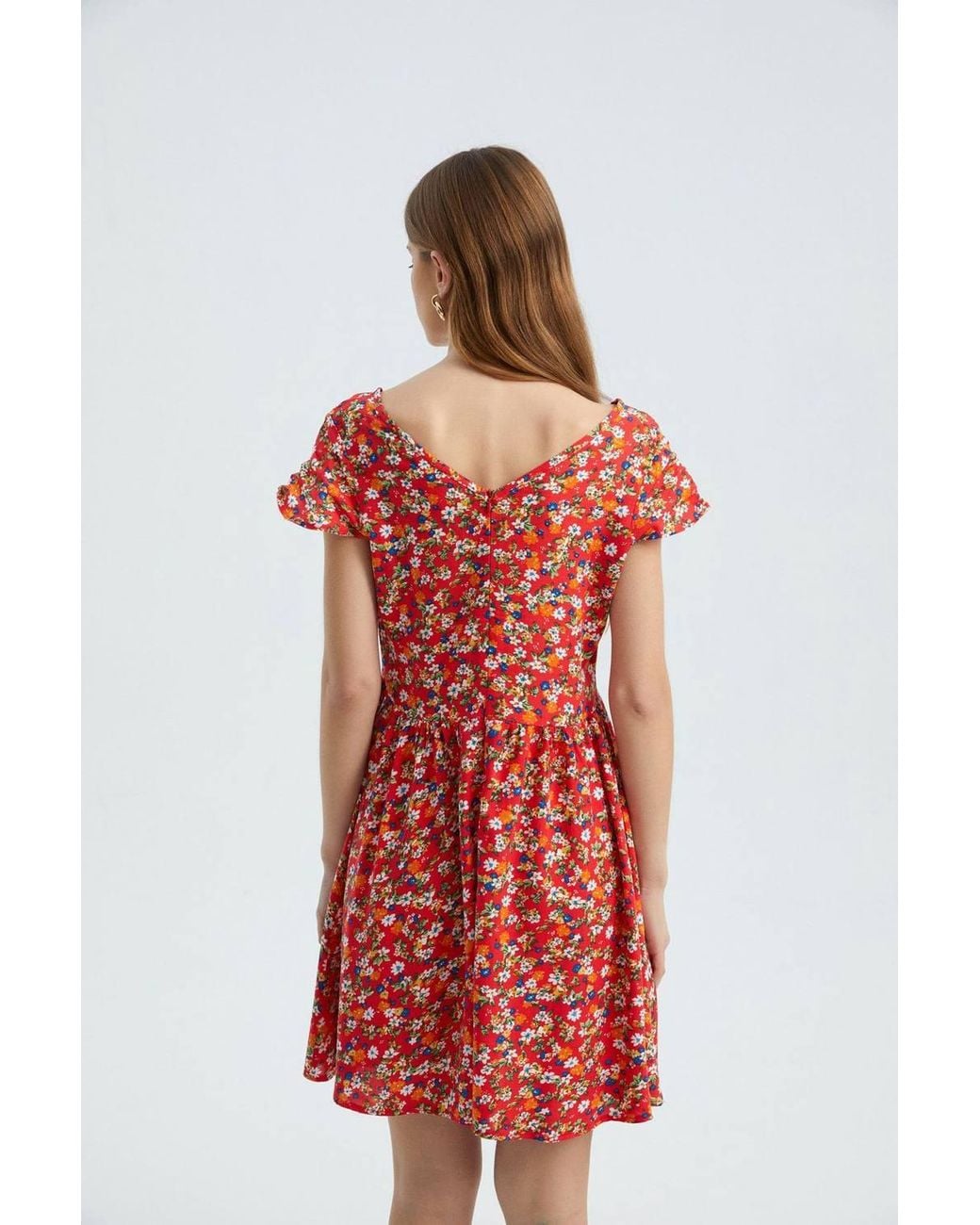 Hiccup Red Floral V Neck Short Sleeve Mini Dress
